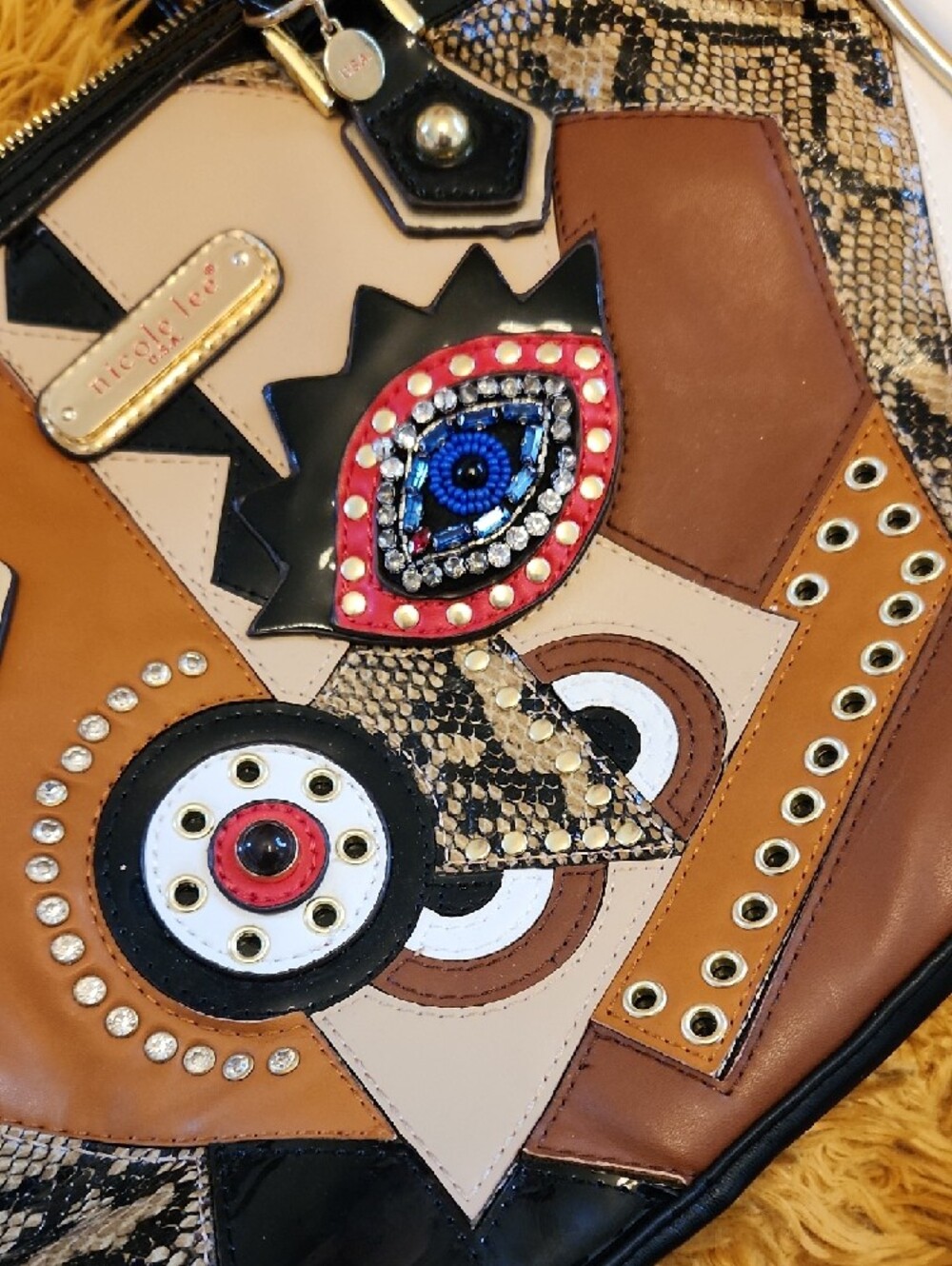 Nicole Lee White Tan Black Multi-Panel Embellished Satchel FINAL PRICE - Picture 3 of 15